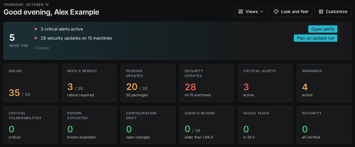 KNet SAM dashboard tiles: machines online, reboots, pending and security updates, alerts